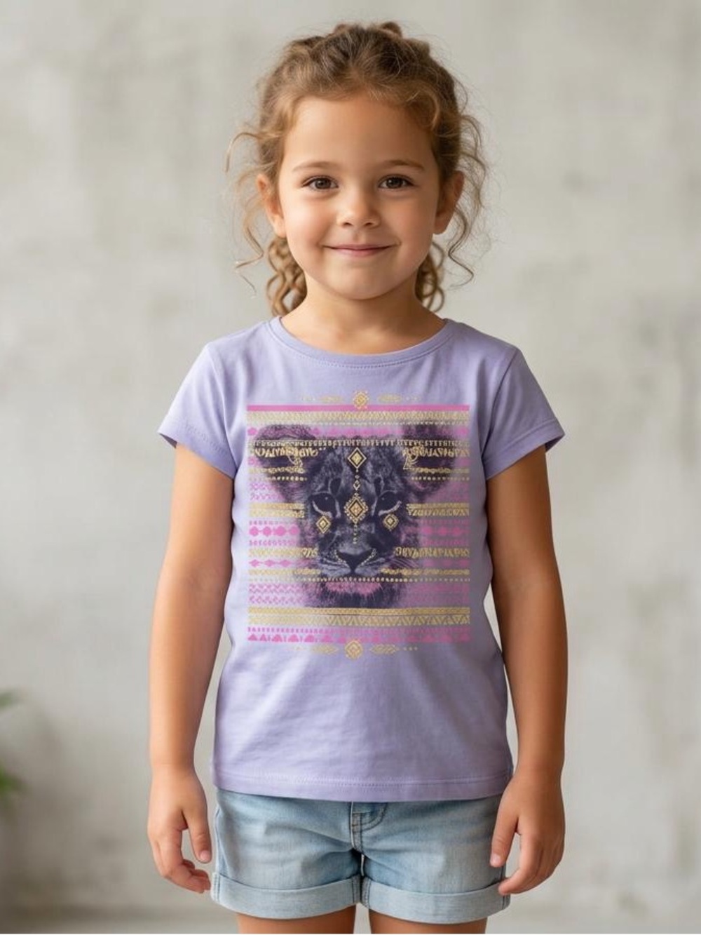 Girls' Lavender Short-Sleeve Tee with Decorative Lion Graphic